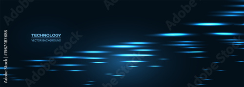 Blue light streaks racing across dark, abstract background with motion blur and neon reflections suggesting high speed data flow and digital network connectivity. Sleek diagonal lines create depth