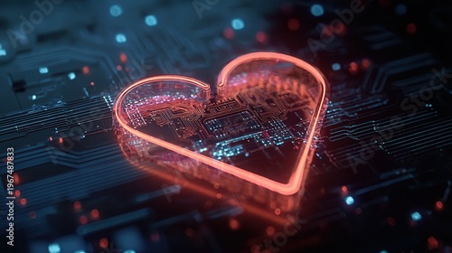 Glowing Neon Heart Shape on Circuit Board for Tech Love Concept