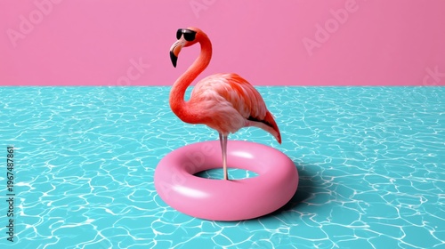 Flamingo Stands on Pool Float in Bright Water Against Pink Background at Summ...