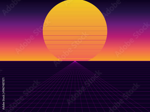 Synthwave Retro Sunset Neon Grid Landscape Background Vector
