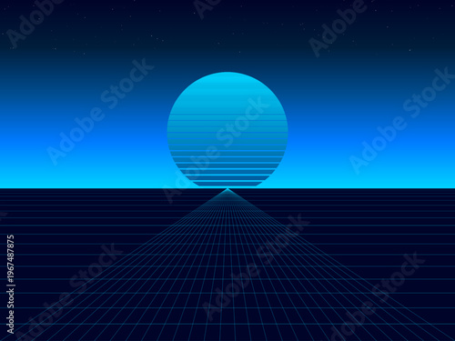 Retro Futuristic Sun Wireframe Grid Dark Background Vector