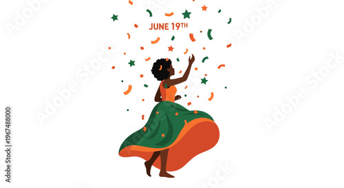 A young woman in an orange top and green skirt dancing with confetti and stars on June 19th