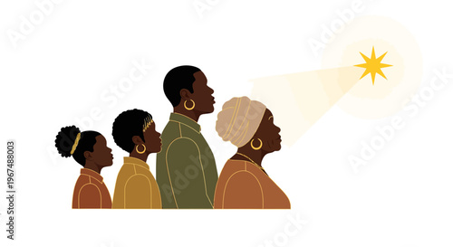 A diverse group of four people are standing in a line looking up at a bright star