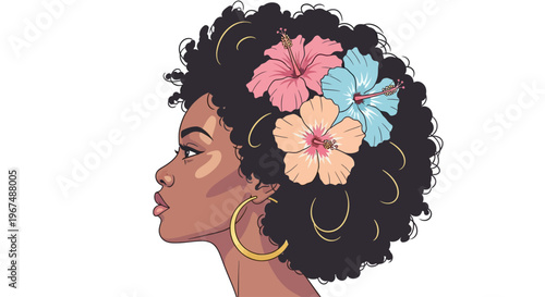 A woman with curly hair and flowers in her hair looks to the side with a serene expression on her face against a plain white background