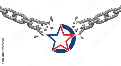 A star symbol breaks free from heavy chains on a white background