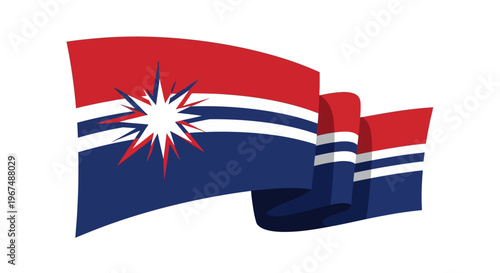 Two waving flags with red white and blue colors and starburst design on white background