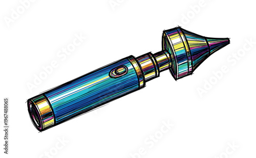 Colorful sketch of a modern otoscope with a handheld body and speculum