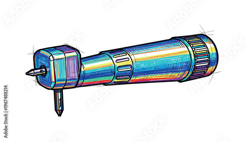 Colorful sketch of a dental drill handpiece with a sharp tip and textured grip