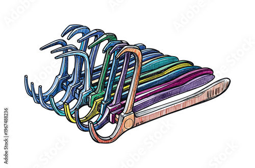 Collection of colorful dental forceps arranged in a row for oral hygiene procedures