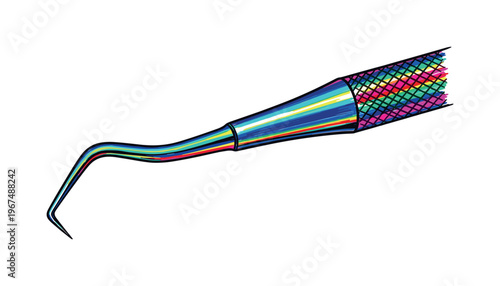 Colorful dental scaler tool with hooked tip and textured handle