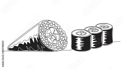 Sushi Day Maki Set with Temaki Line Art – Japanese Sushi Variety Minimal Vector Illustration