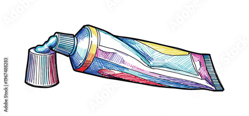 Hand-drawn toothpaste tube with cap off and paste emerging