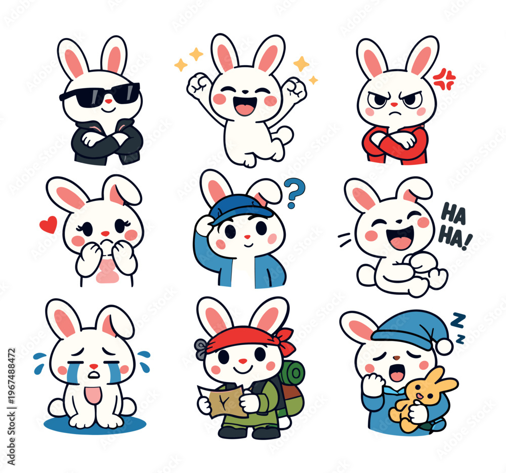 Obraz premium Rabbit character set portraying different emotions and actions, including expressions of happiness, anger, sadness, surprise, love, and various activities