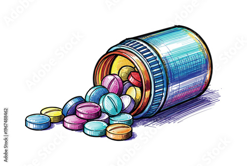 Colorful pills spilling out of an open prescription bottle in a sketch style