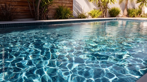 Clear Water Reflects Sunlight in a Swimming Pool Surrounded by Greenery