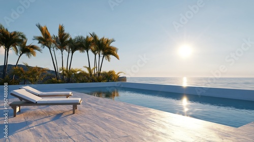 Sunset View From a Poolside With Lounge Chairs and Palm Trees by the Ocean