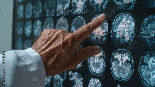 Hand of Doctor Pointing at Brain Scan Showing Alzheimer's Diagnosis