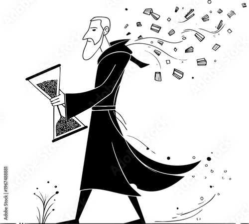 Monk with hourglass walking, time drifting