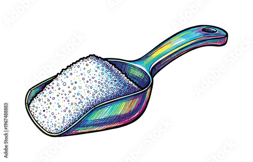 Colorful scoop filled with white granular powder and small particles