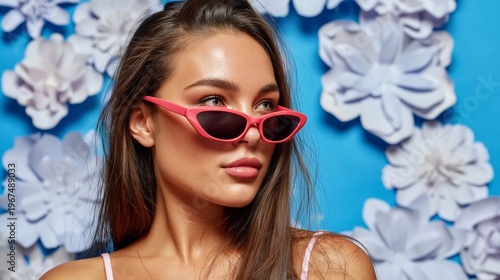 Woman Poses With Sunglasses in Front of Flower Backdrop During a Bright Dayti...