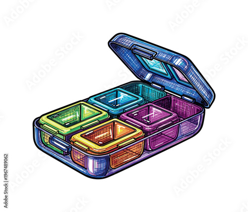 Colorful open pill organizer case with multiple compartments for medication storage