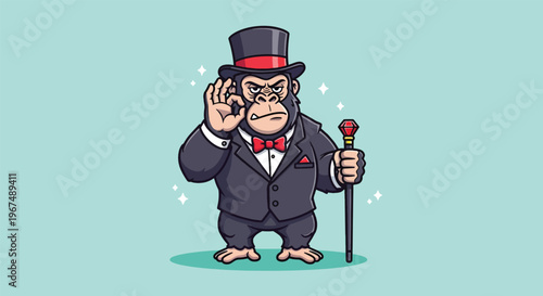 A sophisticated chimpanzee dressed in a formal suit and top hat holding a cane.