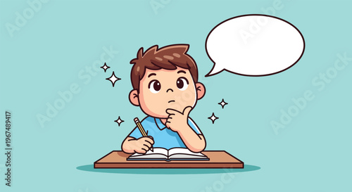 A young boy is thinking while studying at his desk with a blank thought bubble.