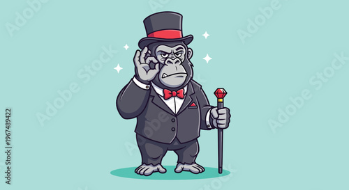 A sophisticated gorilla in a suit and top hat holding a cane.
