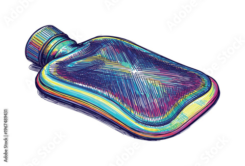 Vibrant, colorful hot water bottle illustration with a textured, sketched appearance