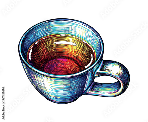 Colorful hand-drawn illustration of a steaming cup of herbal tea
