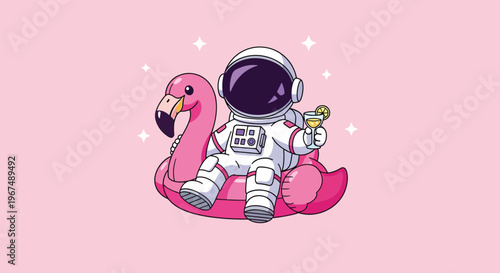 Astronaut relaxing on a pink flamingo float with a drink.