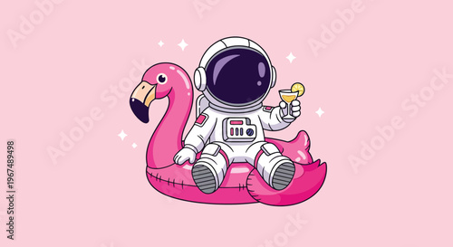 Cartoon astronaut relaxing on a pink flamingo float with a drink.