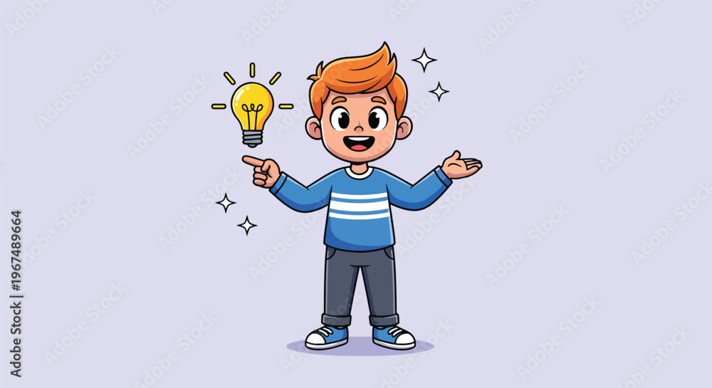 Fototapeta premium Cute Cartoon Boy with Idea Light Bulb Illustration.