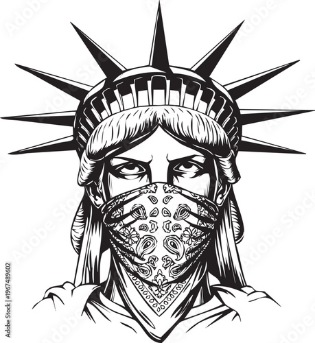 Statue of liberty wearing a bandana on in black and white