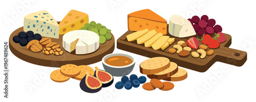 Two charming cheese boards offering a selection of cheeses, fresh fruits, nuts, sweet honey, and crunchy crackers
