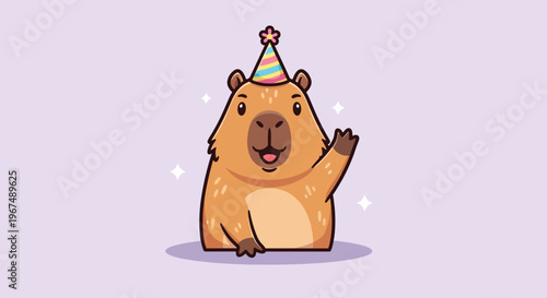 Cute Capybara Wearing a Party Hat Waving Hello.