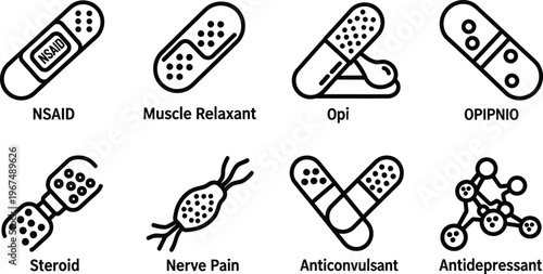Black and white illustration of various types of pain relief medication and treatment options for pain management and medical conditions  health and wellness