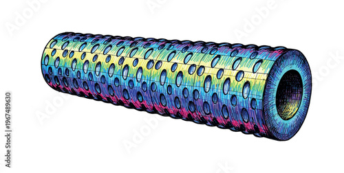 Textured cylindrical foam roller with colorful rainbow gradient and oval perforations