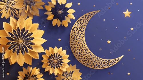 Golden Flowers and Crescent Moon on Blue Background With Stars Create a Decor...