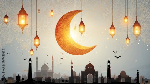 Crescent Moon and Lanterns Shine Over City Skyline During Evening Hours