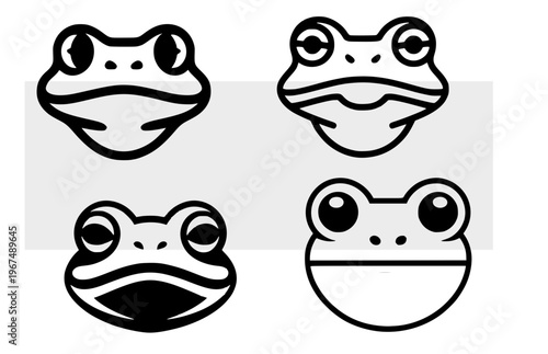 Frog head logo set, toad mascot collection, black and white amphibian vector icons, cute and minimalist pond animal emblems, wildlife graphic elements