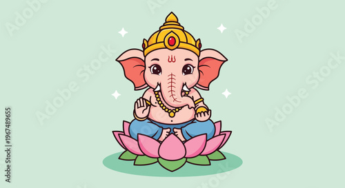 Cute Cartoon Ganesha Sitting on a Lotus Flower.