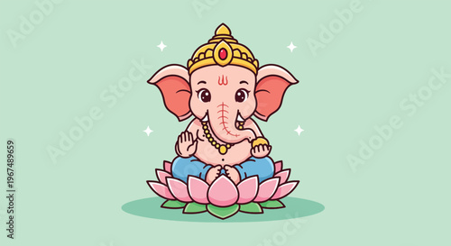 Cute Cartoon Ganesha Sitting on Lotus Flower Vector Illustration.