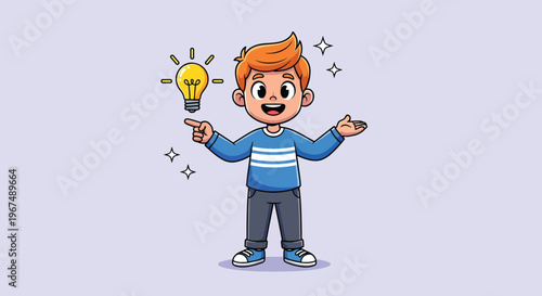 Cute Cartoon Boy with Idea Light Bulb Illustration.