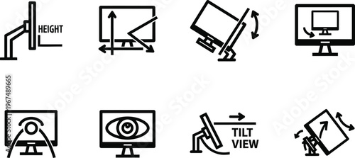 Computer monitor adjustment options icons showing height tilt and swivel movements for ergonomic viewing isolated on transparent background