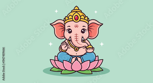 Cute Cartoon Ganesha Sitting on Lotus Flower.