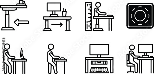 Eight black and white line icons depicting people working at desks with computers and adjustable furniture for ergonomic comfort and healthy workspace  promoting wellbeing