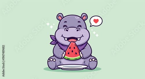 Cute Cartoon Hippo Eating Watermelon with Love Heart.