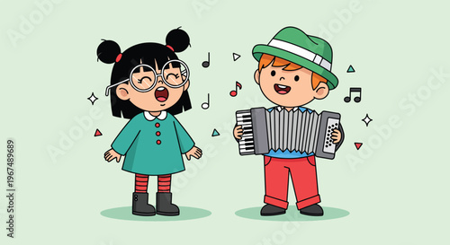 Cute Cartoon Kids Singing and Playing Accordion.