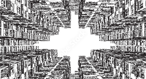 Black and white cityscape with buildings in a symmetrical pattern